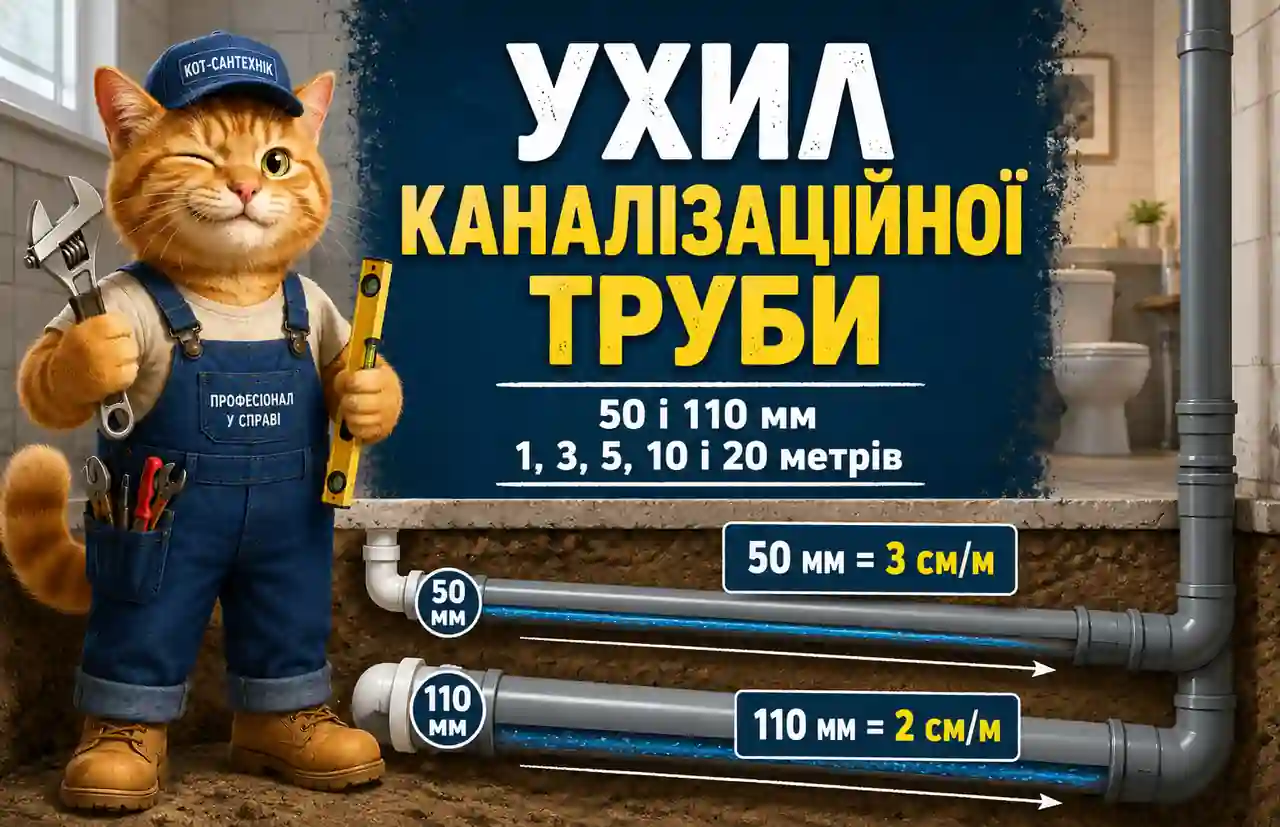 Схема ухилу каналізаційної труби 50 мм і 110 мм з перепадом висоти на різній довжині