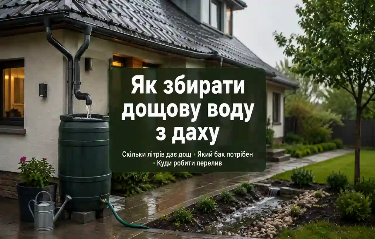 Система збору дощової води з даху приватного будинку з жолобом, фільтром, баком і переливом