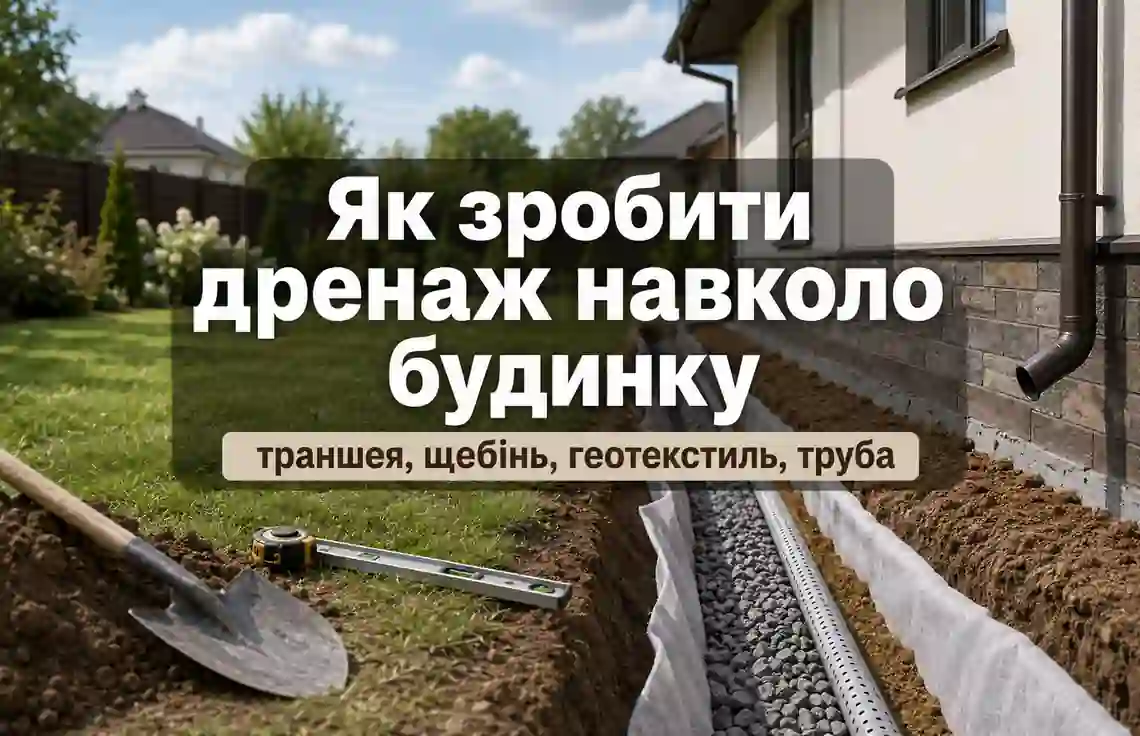 Дренажна траншея навколо будинку з геотекстилем, щебенем і перфорованою трубою